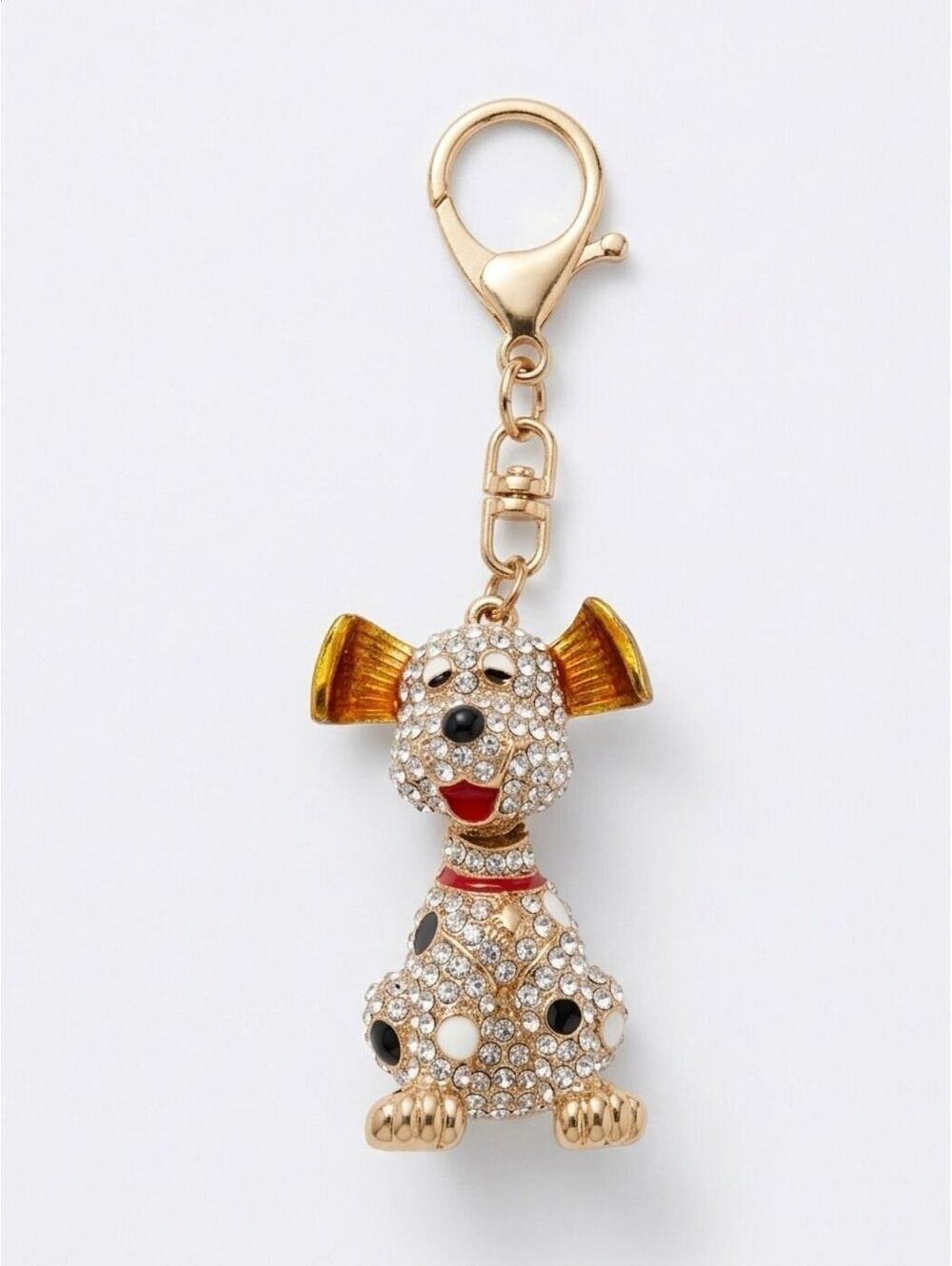 Rhinestone Dog Keychain Purse Charm Gold Tone Enamel Jeweled Puppy 4.5"